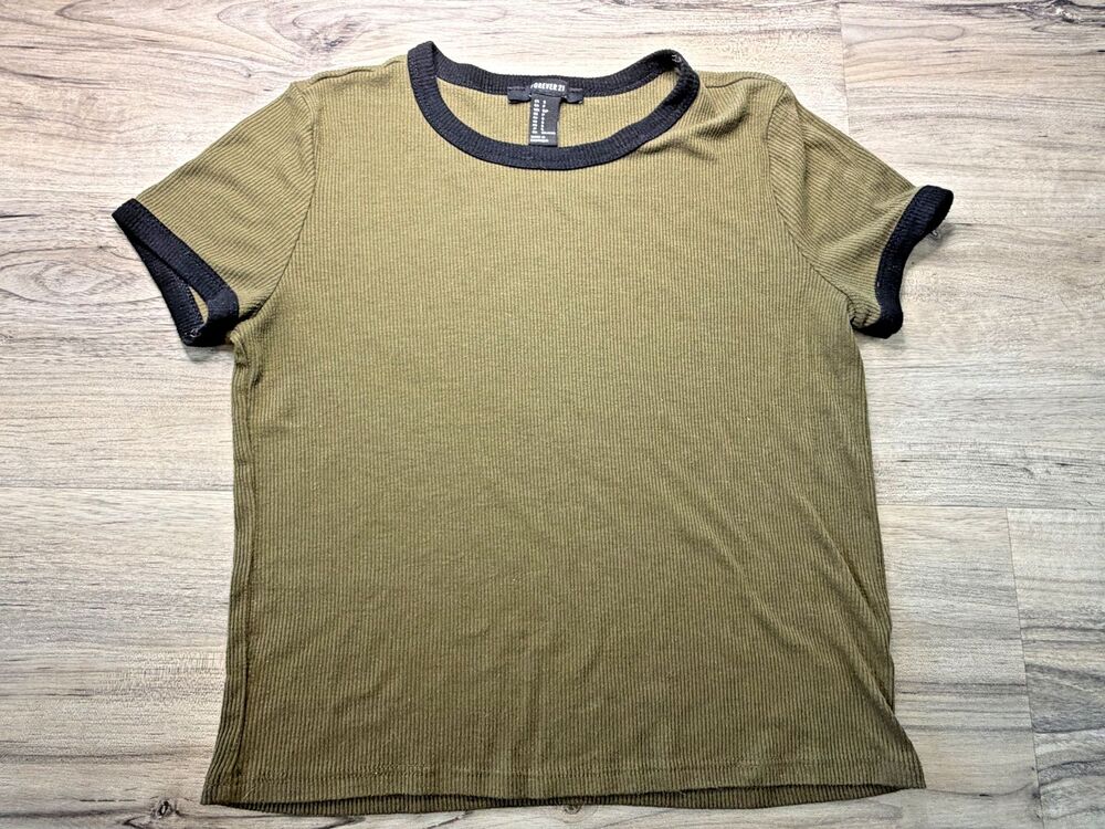 Olive Green Forever 21 Short Sleeve Cropped Ringer Size Small Women's Round Neck